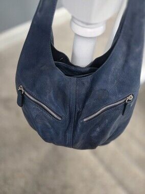 Women's Navy Leather Shoulder Bag with Front Zippers